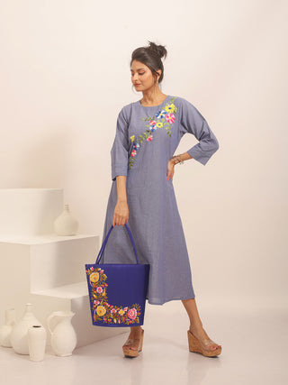 Denim Blue Andhra Handloom Cotton Dress with Floral Hand Embroidery