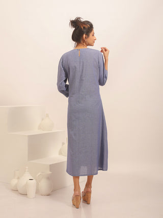 Denim Blue Andhra Handloom Cotton Dress with Floral Hand Embroidery
