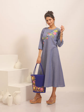 Denim Blue Andhra Handloom Cotton Dress with Floral Hand Embroidery