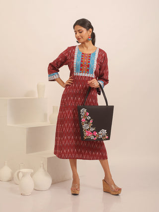 Maroon Ikkat Cotton Dress with Gujarati Hand Embroidered Front Panel