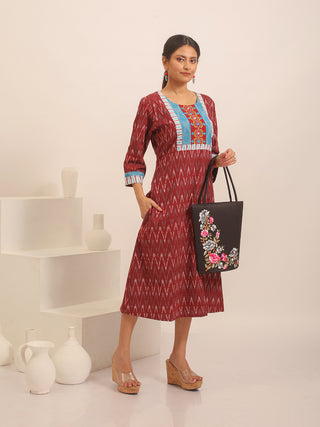 Maroon Ikkat Cotton Dress with Gujarati Hand Embroidered Front Panel