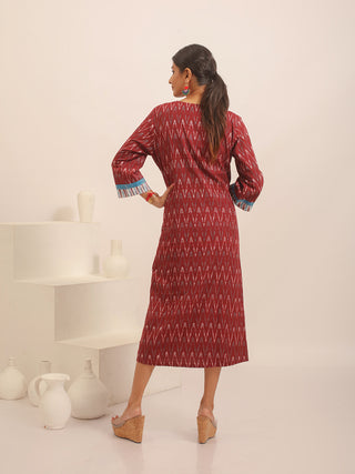 Maroon Ikkat Cotton Dress with Gujarati Hand Embroidered Front Panel