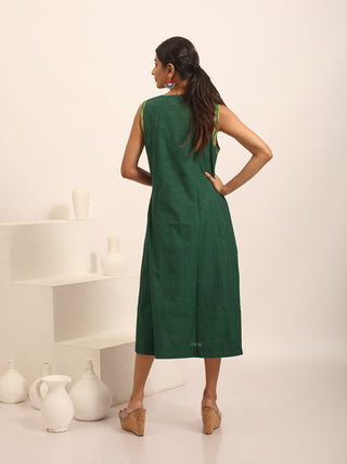 Forest Green Sleeveless Dress with Embroidered Pocket & Ikkat Accents