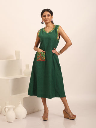 Forest Green Sleeveless Dress with Embroidered Pocket & Ikkat Accents