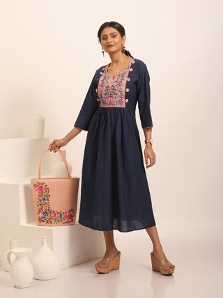 Midnight Blue Gathered Dress with Hand-Embroidered Yoke & Side Buttons