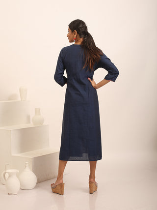 Midnight Blue Gathered Dress with Hand-Embroidered Yoke & Side Buttons