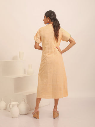 Sandal Colour Button-Down Dress with Floral Hand Embroidery
