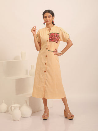 Sandal Colour Button-Down Dress with Floral Hand Embroidery