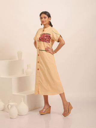Sandal Colour Button-Down Dress with Floral Hand Embroidery