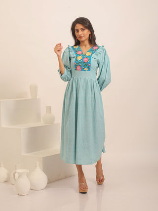 Sky Blue Dress with Floral Hand Embroidered Yoke & Ruffled Details