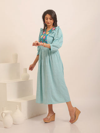 Sky Blue Dress with Floral Hand Embroidered Yoke & Ruffled Details