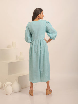 Sky Blue Dress with Floral Hand Embroidered Yoke & Ruffled Details