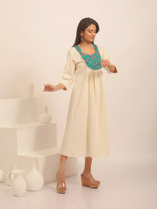 Ivory Gathered Dress with Floral Hand-Embroidered Yoke