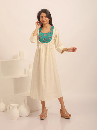 Ivory Gathered Dress with Floral Hand-Embroidered Yoke