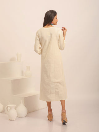 Ivory Gathered Dress with Floral Hand-Embroidered Yoke
