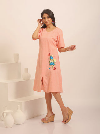 Peach Andhra Handloom Cotton A-Line Dress with Floral Hand Embroidery