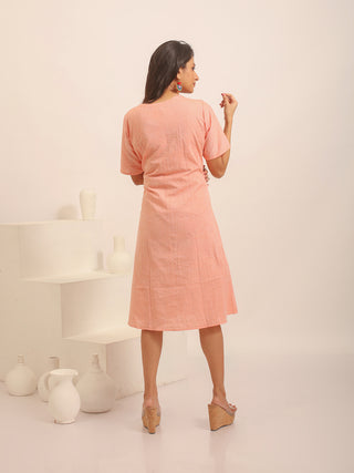 Peach Andhra Handloom Cotton A-Line Dress with Floral Hand Embroidery
