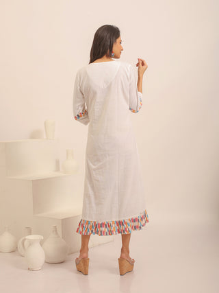 White Andhra Handloom Cotton Midi Dress with Ikkat Panel & Floral Hand Embroidery