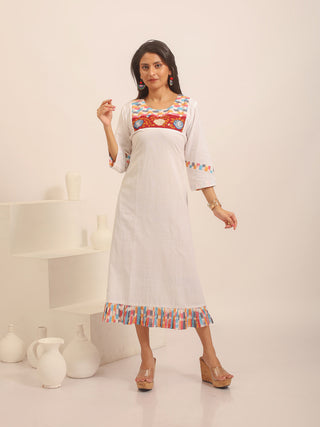 White Andhra Handloom Cotton Midi Dress with Ikkat Panel & Floral Hand Embroidery