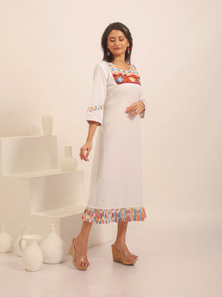 White Andhra Handloom Cotton Midi Dress with Ikkat Panel & Floral Hand Embroidery