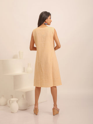 Sleeveless Sandal Andhra Handloom Cotton Dress with Lace & Floral Hand Embroidered Panel