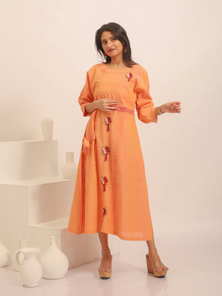 Peachish Pink Dual Tone South Cotton Dress with Side Tie Detail