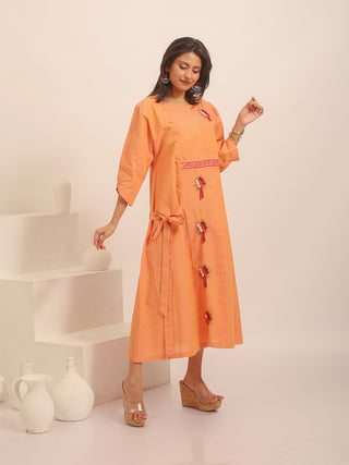 Peachish Pink Dual Tone South Cotton Dress with Side Tie Detail