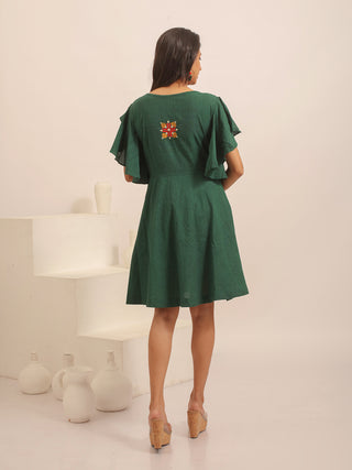 Forest Green Fit & Flare Andhra Handloom Cotton Dress with Ikkat Yoke and Hand Embroidery