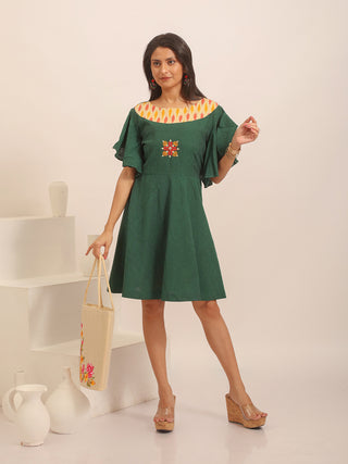 Forest Green Fit & Flare Andhra Handloom Cotton Dress with Ikkat Yoke and Hand Embroidery