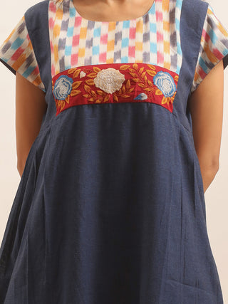 Navy Blue Andhra Handloom Cotton Dress with Ikkat Panel & Floral Hand Embroidery