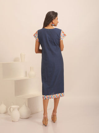 Navy Blue Andhra Handloom Cotton Dress with Ikkat Panel & Floral Hand Embroidery