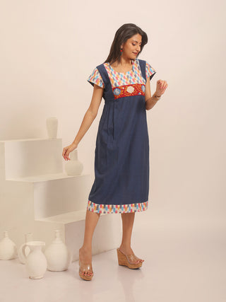 Navy Blue Andhra Handloom Cotton Dress with Ikkat Panel & Floral Hand Embroidery