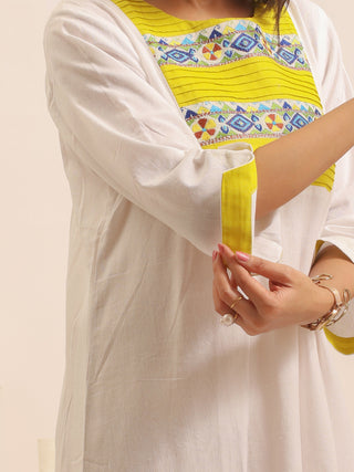 White Andhra Handloom Cotton Dress with Kantha Hand Embroidery & Pin-Tuck Detailing