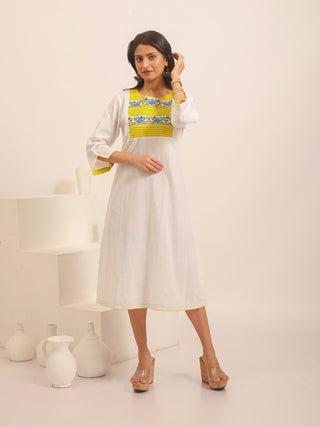 White Andhra Handloom Cotton Dress with Kantha Hand Embroidery & Pin-Tuck Detailing