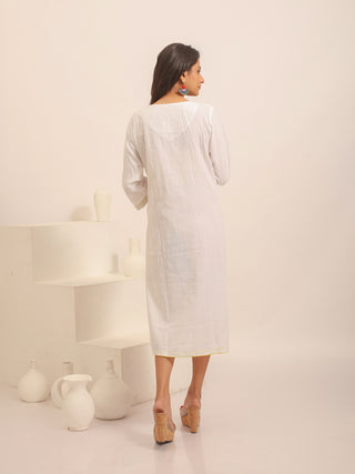White Andhra Handloom Cotton Dress with Kantha Hand Embroidery & Pin-Tuck Detailing