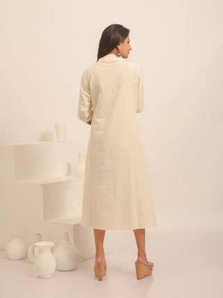 Cream Handloom Cotton Dress with Patchwork Embroidered Yoke & Peter Pan Collar