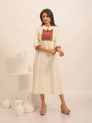 Cream Handloom Cotton Dress with Patchwork Embroidered Yoke & Peter Pan Collar