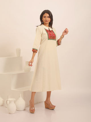 Cream Handloom Cotton Dress with Patchwork Embroidered Yoke & Peter Pan Collar