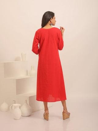 Red Andhra Handloom Cotton Dress with Embroidered Yoke, Pocket & Ikkat Accents