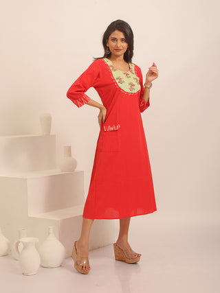 Red Andhra Handloom Cotton Dress with Embroidered Yoke, Pocket & Ikkat Accents