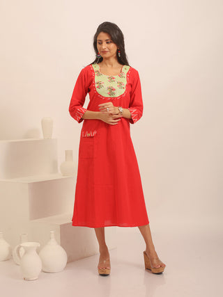 Red Andhra Handloom Cotton Dress with Embroidered Yoke, Pocket & Ikkat Accents