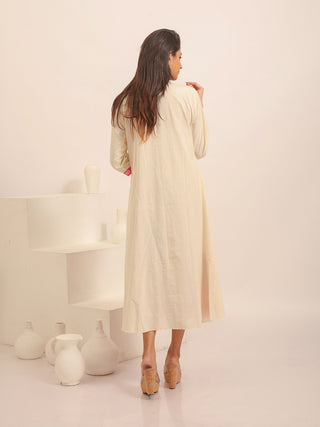 Ivory Flared Andhra Handloom Cotton Dress with Hand Embroidered Yoke & Ikkat Panels