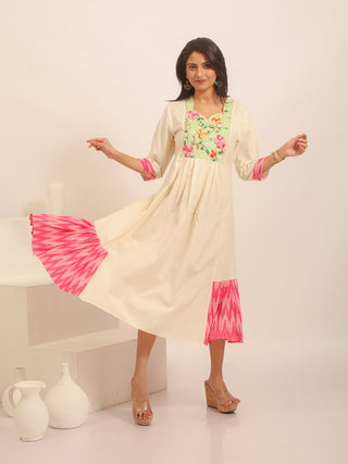 Ivory Flared Andhra Handloom Cotton Dress with Hand Embroidered Yoke & Ikkat Panels