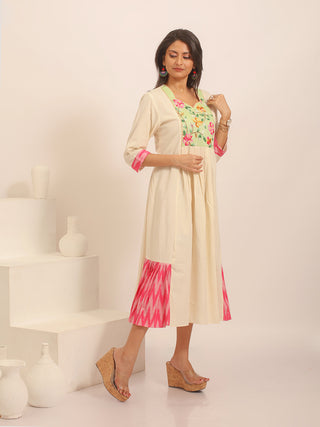 Ivory Flared Andhra Handloom Cotton Dress with Hand Embroidered Yoke & Ikkat Panels