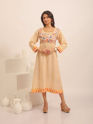 Sandal Colour South Cotton Dress with Hand Embroidered Yoke