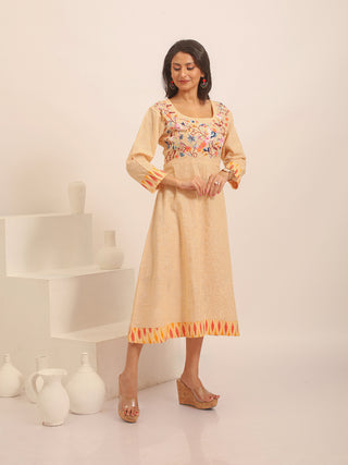 Sandal Colour South Cotton Dress with Hand Embroidered Yoke