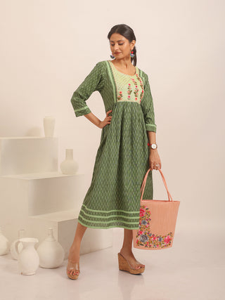 Green Ikkat Cotton Dress with Floral Hand Embroidered Yoke
