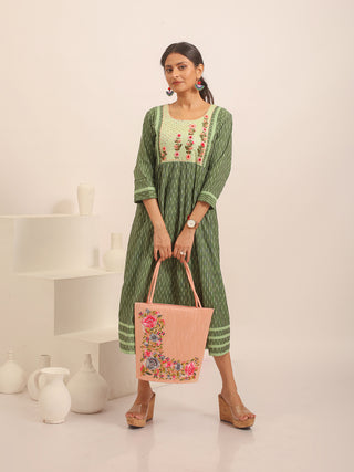 Green Ikkat Cotton Dress with Floral Hand Embroidered Yoke