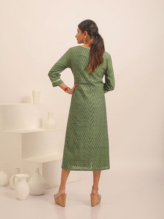 Green Ikkat Cotton Dress with Floral Hand Embroidered Yoke