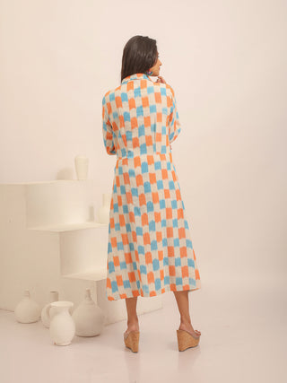 White, Blue & Orange Ikkat Cotton Dress with Minimal Floral Embroidery